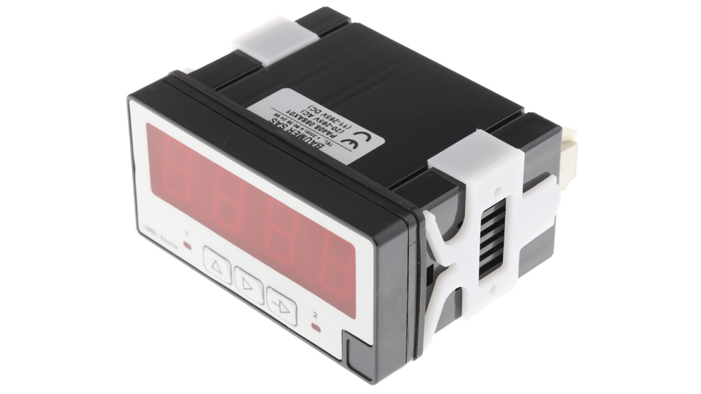 Baumer PA408.088AX01, misuratore digitale da pannello con display LED, ingressi per tensione, corrente e temperatura. Dimensioni foro 45 mm x 93 mm.