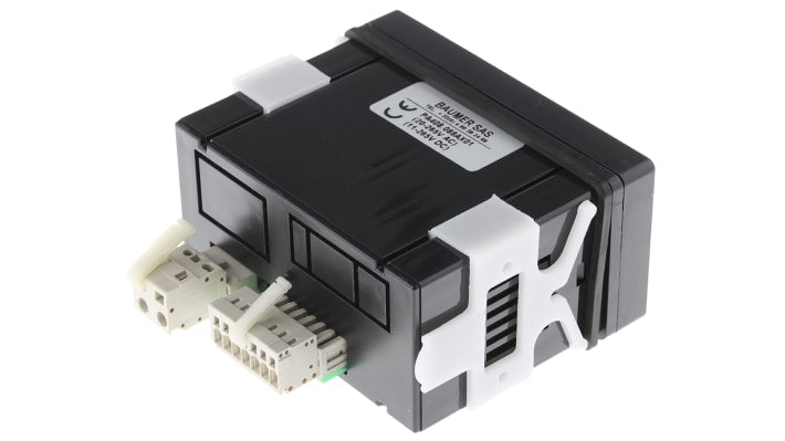 Baumer PA408.088AX01, misuratore digitale da pannello con display LED, ingressi per tensione, corrente e temperatura. Dimensioni foro 45 mm x 93 mm.