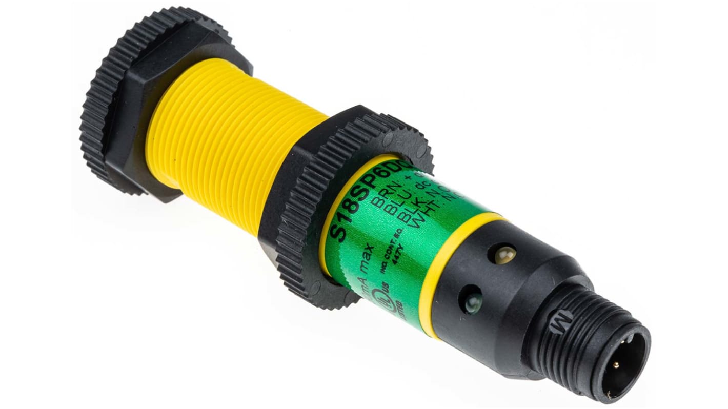 Sensore fotoelettrico cilindrico Banner S18SP6DQ, rilevamento 0-100 mm, uscita PNP, montaggio M12, IP69K.