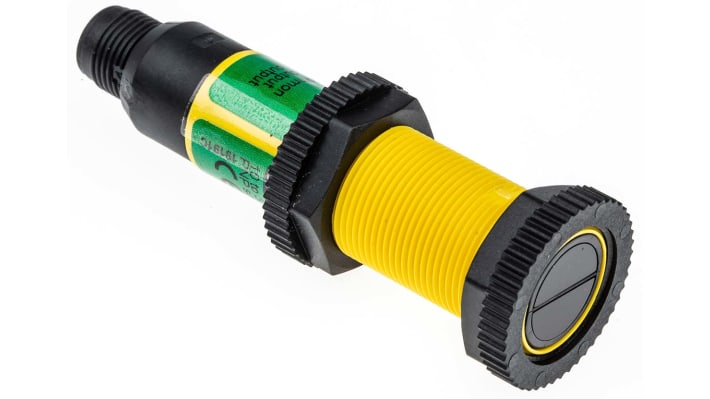 Sensore fotoelettrico cilindrico Banner S18SP6DQ, rilevamento 0-100 mm, uscita PNP, montaggio M12, IP69K.