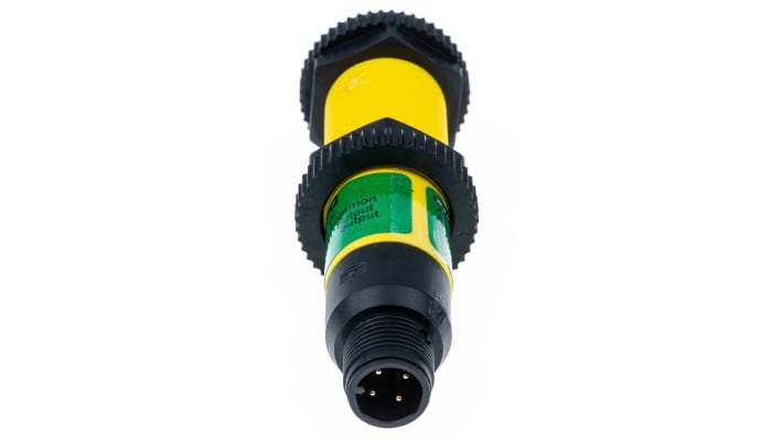 Sensore fotoelettrico cilindrico Banner S18SP6DQ, rilevamento 0-100 mm, uscita PNP, montaggio M12, IP69K.