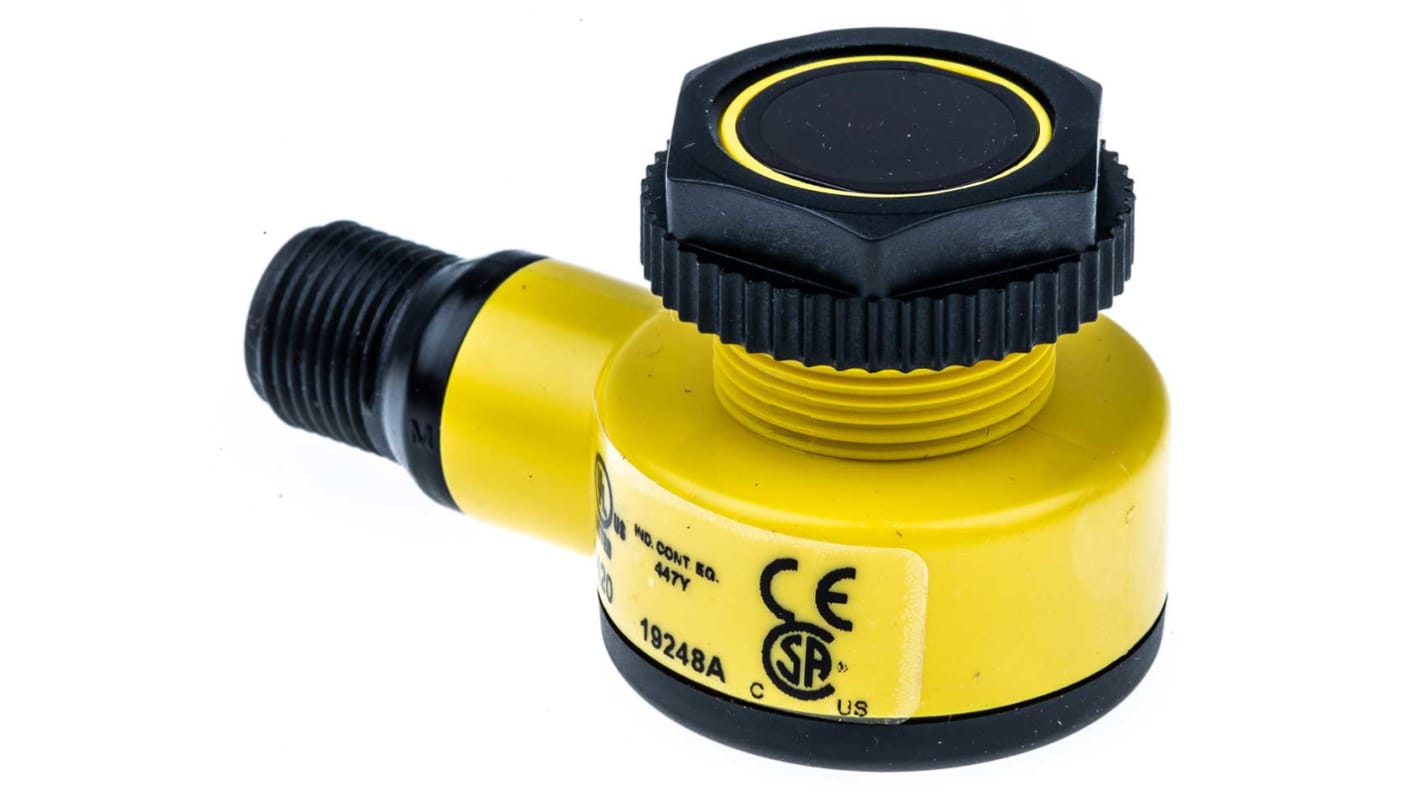 Sensore fotoelettrico cilindrico Banner T186EQ, rilevamento fino a 20 m, con connettore M12 a 4 pin, grado di protezione IP69K.