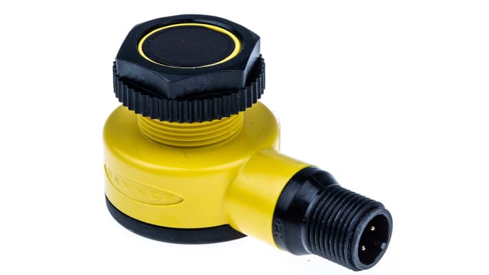 Sensore fotoelettrico cilindrico Banner T186EQ, rilevamento fino a 20 m, con connettore M12 a 4 pin, grado di protezione IP69K.