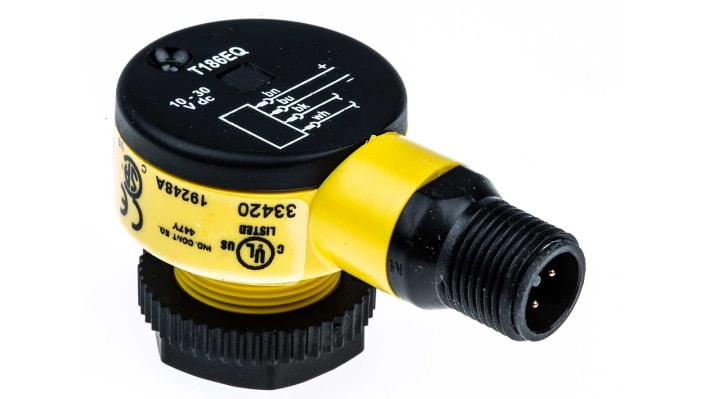 Sensore fotoelettrico cilindrico Banner T186EQ, rilevamento fino a 20 m, con connettore M12 a 4 pin, grado di protezione IP69K.