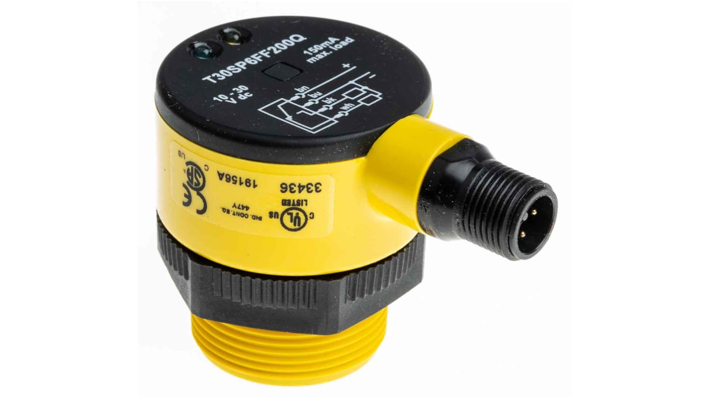 Sensore fotoelettrico cilindrico a diffusione Banner T30SP6FF200Q, rilevamento 200 mm, uscita PNP, IP69K.