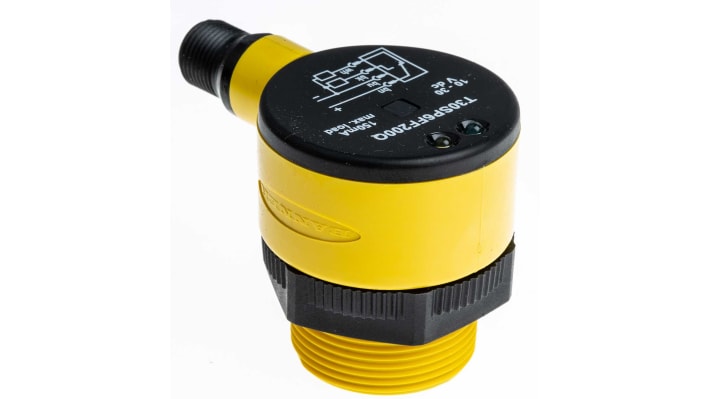 Sensore fotoelettrico cilindrico a diffusione Banner T30SP6FF200Q, rilevamento 200 mm, uscita PNP, IP69K.