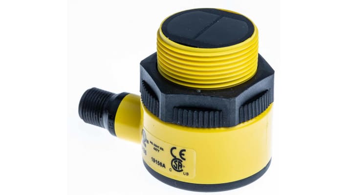 Sensore fotoelettrico cilindrico a diffusione Banner T30SP6FF200Q, rilevamento 200 mm, uscita PNP, IP69K.