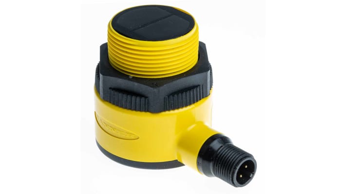 Sensore fotoelettrico cilindrico a diffusione Banner T30SP6FF200Q, rilevamento 200 mm, uscita PNP, IP69K.