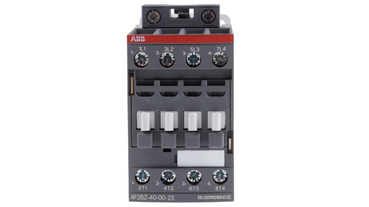 Contattore ABB 1SBL236201R2300 AF, 4 poli, 45 A, bobina 230 V, dimensioni 86x45x101 mm, protezione transitori.