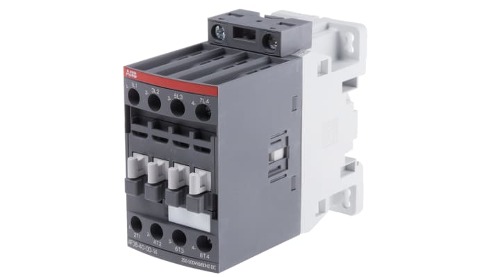 Contattore ABB 1SBL297201R1400 AF38-40-00-14, 4 poli, 55 A, bobina 250-500 V, dimensioni 45x86x101 mm, protezione transitori.