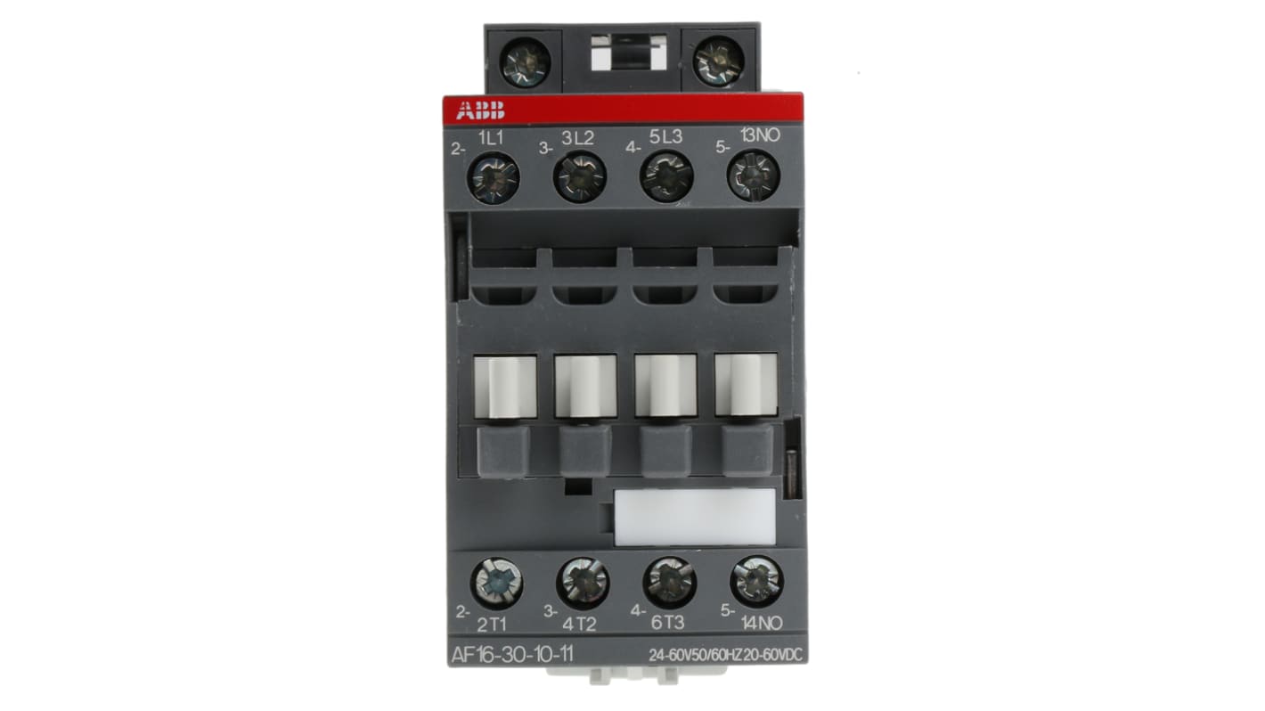 Contattore ABB 1SBL177001R1110 AF16-30-10-11, 3 poli, 30 A, 7,5 kW, montaggio su guida DIN, dimensioni 45x86x77 mm.