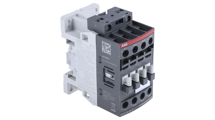 Contattore ABB 1SBL157001R1110 AF, 3 poli, 28 A, montaggio su guida DIN, dimensioni 77 x 45 x 86 mm.