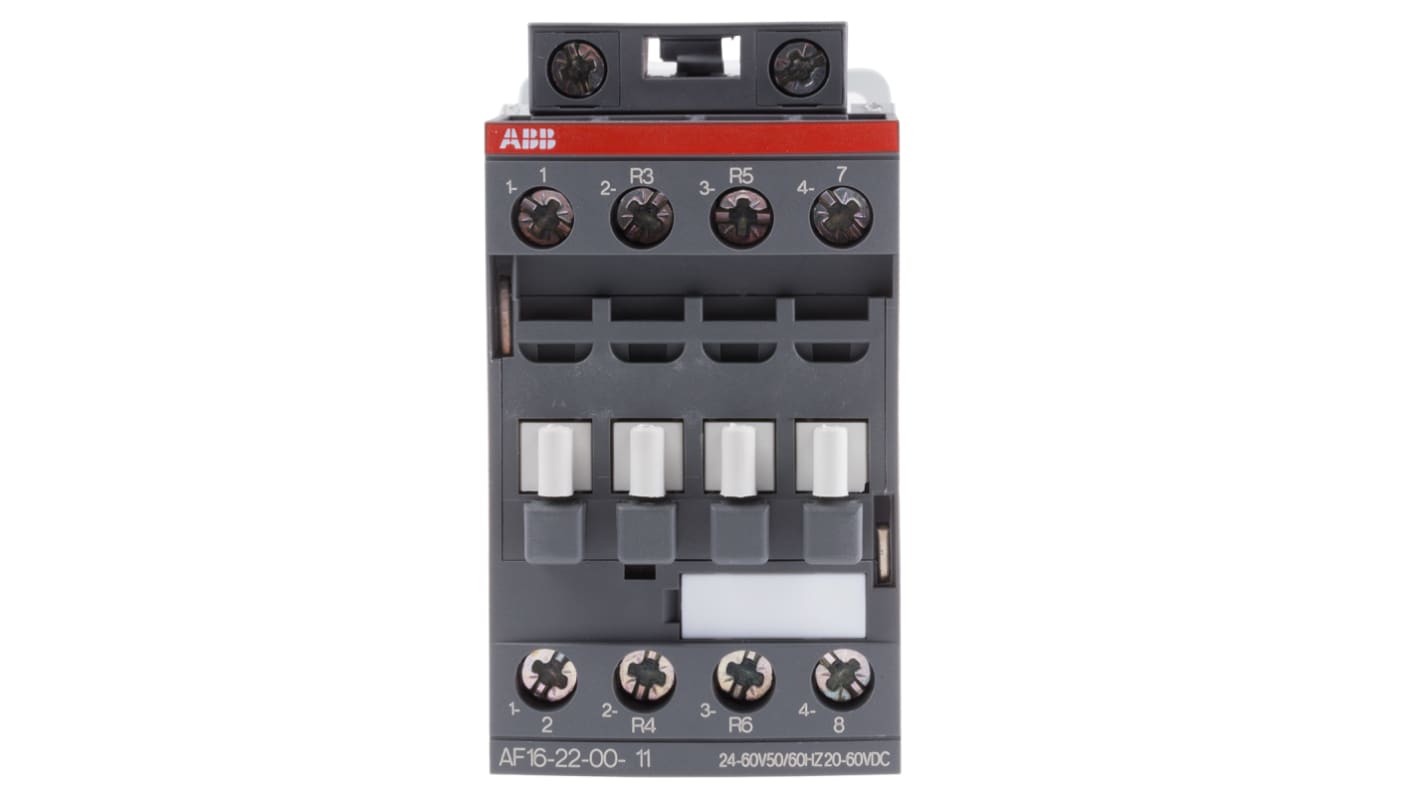 Contattore ABB 1SBL177501R1100 AF16-22-00-11, 4 poli, 2 NO + 2 NC, 30 A, bobina 24 V, dimensioni 45x86x77 mm.