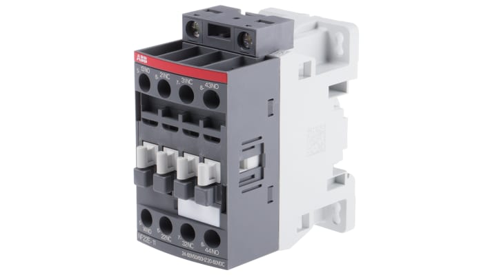 Contattore ABB 1SBH137001R1122 NF22E-11, 4 poli, 2 NO + 2 NC, 6 A, bobina 24 V, dimensioni 45x86x77 mm.