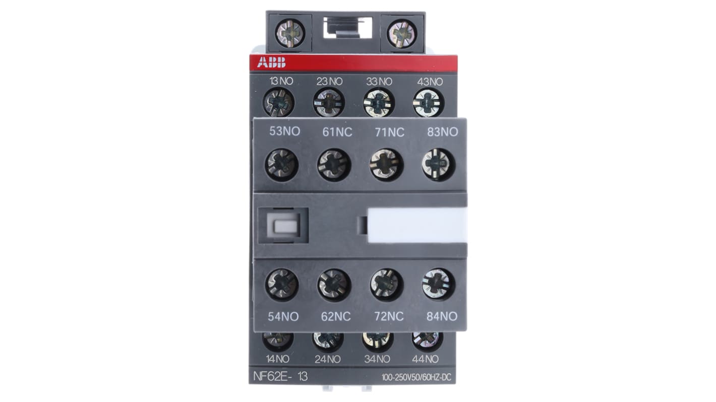Contattore ABB 1SBH137001R1362 NF62E-13, 6NO + 2NC, 230 V ca, 690 V ca, dimensioni 45x86x110.5 mm, temperatura -40/+70 °C.
