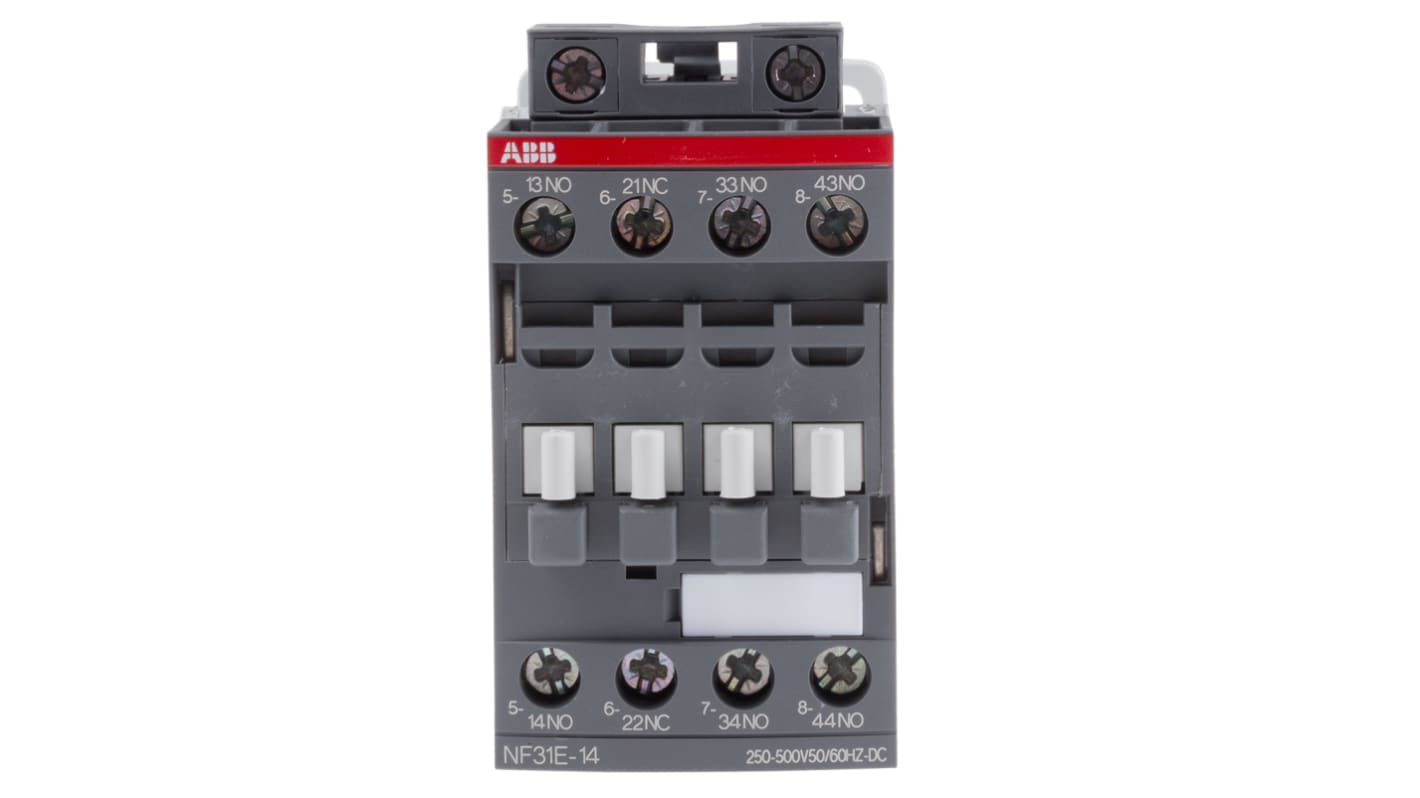 Contattore ABB 1SBH137001R1431 NF31E-14, 4 poli, 3NO + 1NC, 6 A, bobina 230 V, dimensioni 86x45x77 mm.