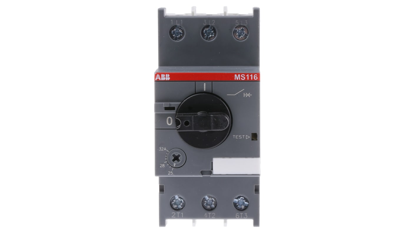 Interruttore automatico motore ABB 1SAM250000R1015 MS116-32, 25-32 A, protezione cortocircuito, dimensioni 97.8x45x86.6 mm.