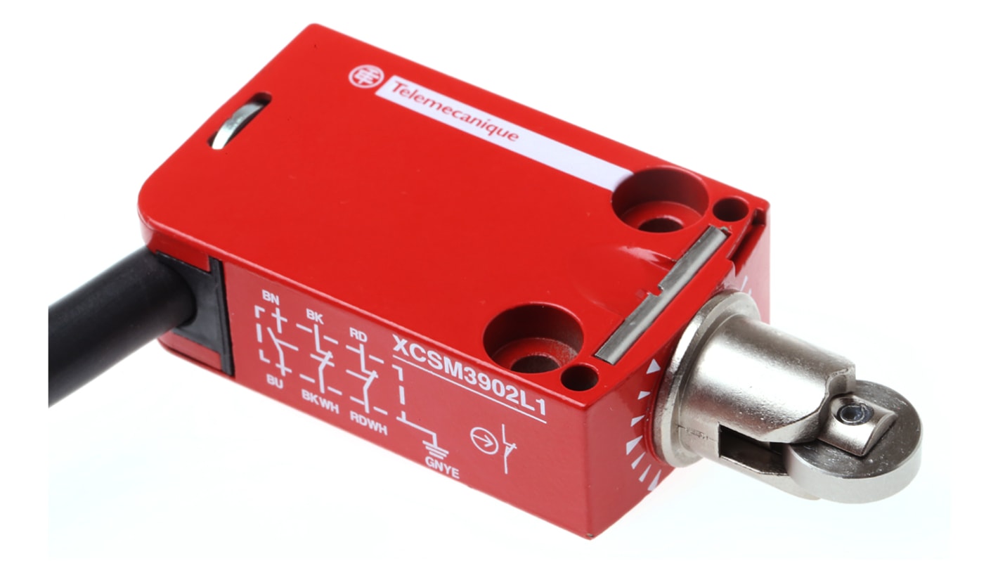 Telemecanique Sensors, interruttore di fine corsa XCSM3902L1, tasto a rotella 2NC/1NA, dimensioni 70x30x16mm, protezione IP66/67.