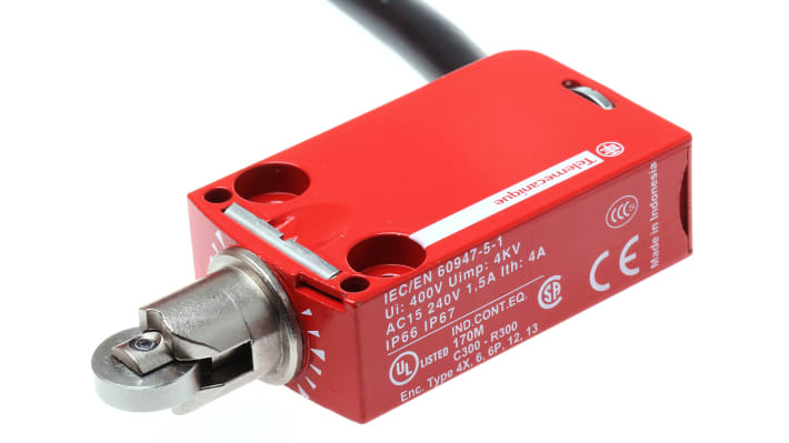 Telemecanique Sensors, interruttore di fine corsa XCSM3902L1, tasto a rotella 2NC/1NA, dimensioni 70x30x16mm, protezione IP66/67.