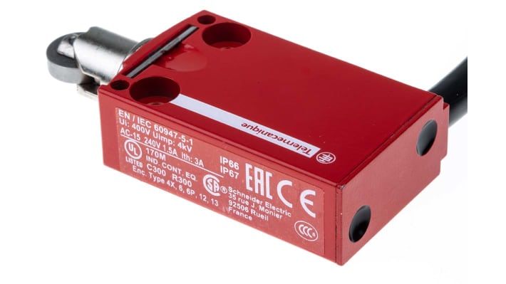 Interruttore di interblocco Telemecanique Sensors XCSM4102L1, tasto a rotella, 4 contatti, grado di protezione IP66/IP68.