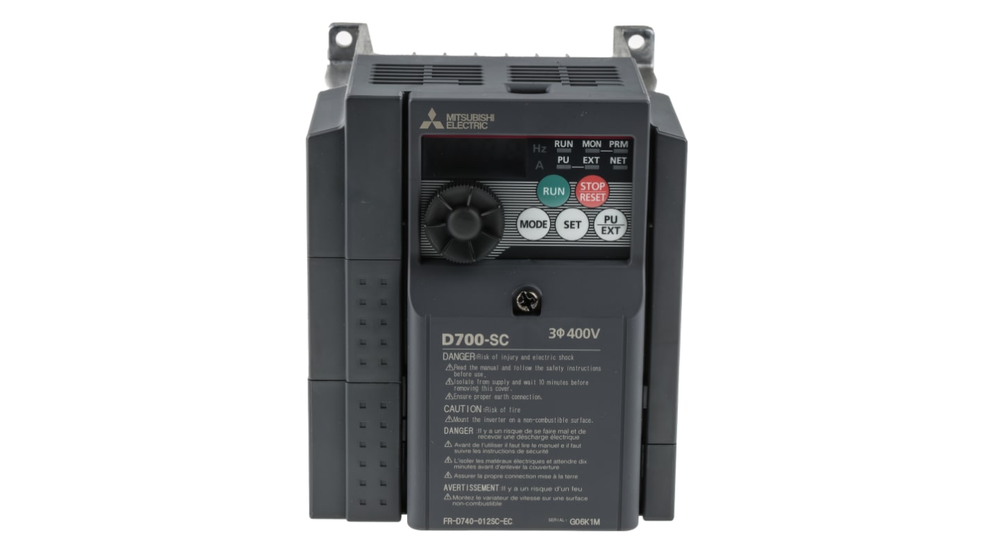 Inverter trifase Mitsubishi Electric FR-D740-012SC-EC, potenza 0,4 kW, dimensioni 150x108x129,5 mm, interfaccia ModBus, grado di protezione IP20.