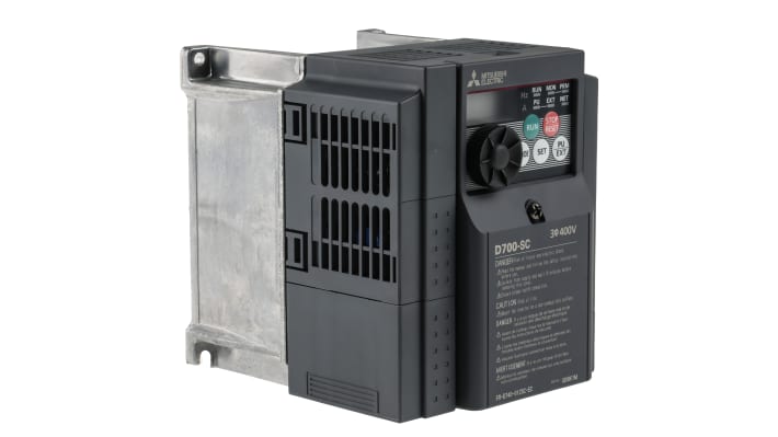 Inverter trifase Mitsubishi Electric FR-D740-012SC-EC, potenza 0,4 kW, dimensioni 150x108x129,5 mm, interfaccia ModBus, grado di protezione IP20.