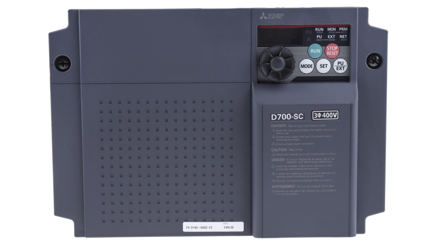 Inverter trifase Mitsubishi Electric FR-D740-160SC-EC, potenza 7,5 kW, dimensioni 150x220x155 mm, interfaccia ModBus, grado di protezione IP20.