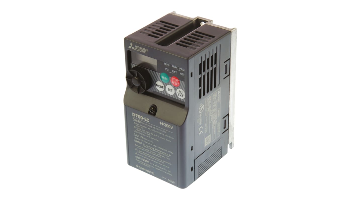 Mitsubishi Electric FR-D720S-008SC-EC, inverter monofase 0,1 kW, dimensioni 128x68x80,5 mm, interfaccia RS485.