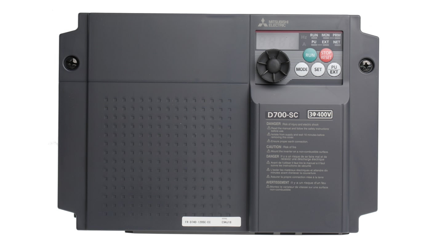 Inverter trifase Mitsubishi Electric FR-D740-120SC-EC, potenza 5,5 kW, dimensioni 150x220x155 mm, interfaccia ModBus, grado di protezione IP20.