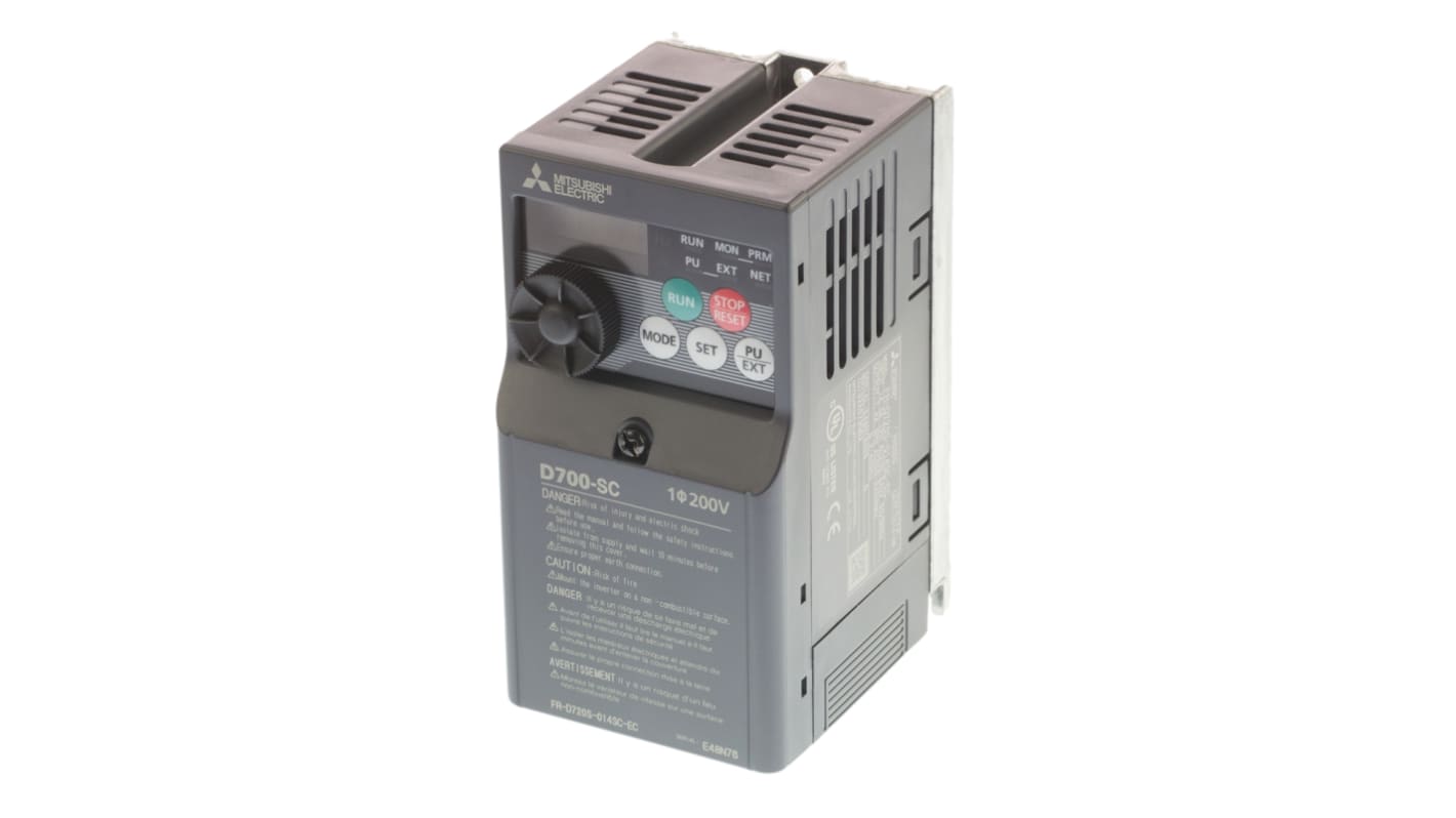 Inverter monofase Mitsubishi Electric FR-D720S-014SC-EC, potenza 0,2 kW, dimensioni 128x68x80,5 mm, interfaccia RS485.