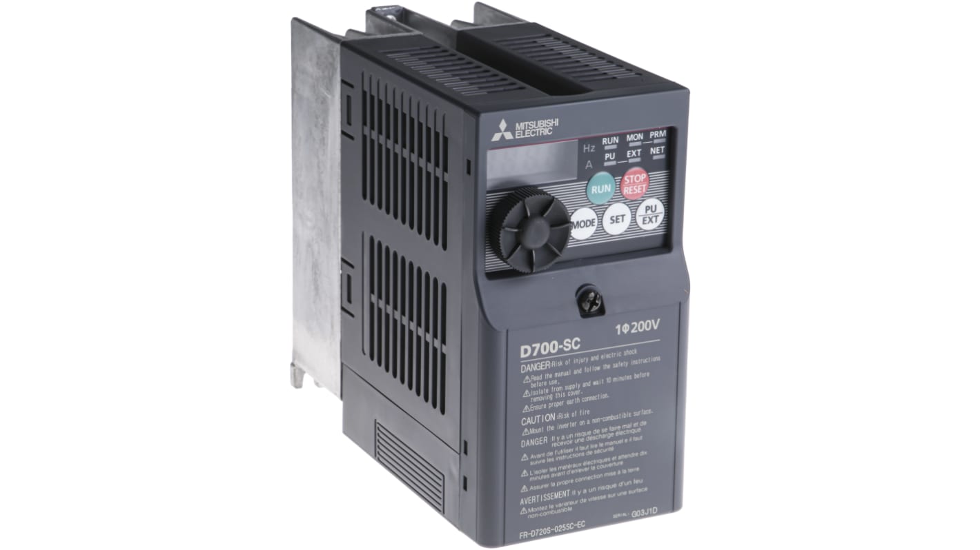 Mitsubishi Electric FR-D720S-025SC-EC, inverter monofase 0,4 kW, 230 V, dimensioni 128x68x142,5 mm, interfaccia ModBus.