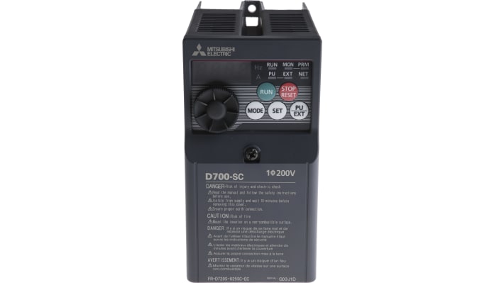 Mitsubishi Electric FR-D720S-025SC-EC, inverter monofase 0,4 kW, 230 V, dimensioni 128x68x142,5 mm, interfaccia ModBus.