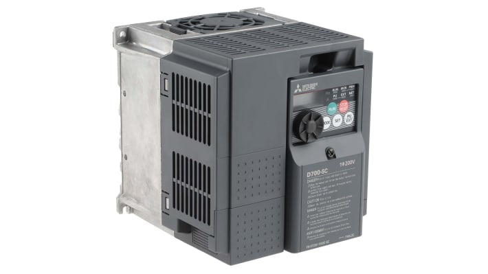 Mitsubishi Electric FR-D720S-100SC-EC, inverter monofase 2,2 kW, dimensioni 150x140x145 mm, protezione IP20.