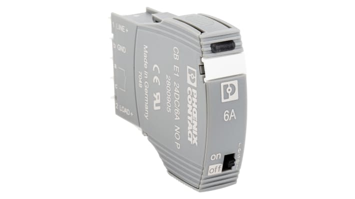 Interruttore elettronico di circuito Phoenix Contact, 6A, 24V, montaggio su base, larghezza 12.3mm, con controllo remoto.
