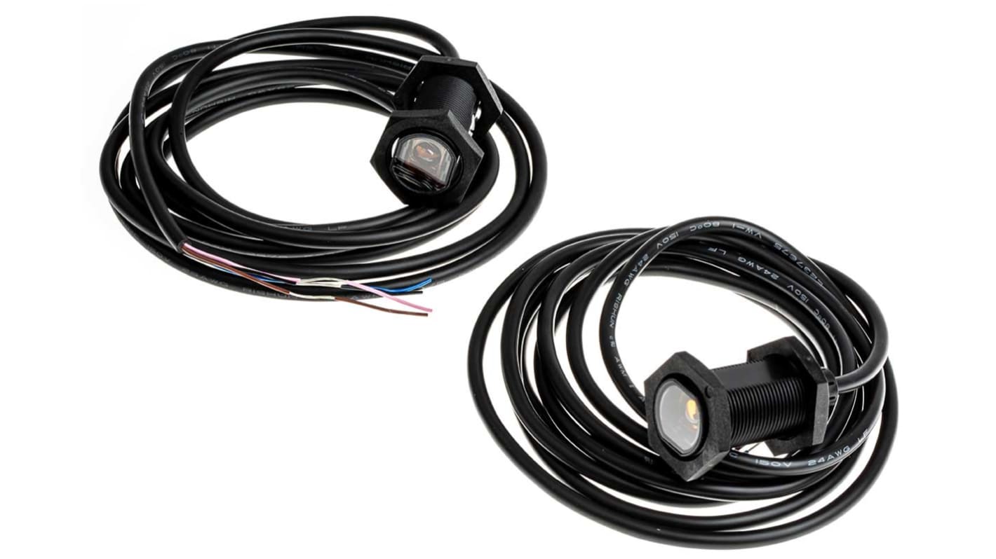 Sensore fotoelettrico cilindrico Omron E3FATP112M, rilevamento fino a 20 m, uscita PNP, grado di protezione IP67/IP69K.