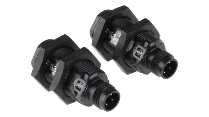 Omron E3FATP21, sensore fotoelettrico cilindrico a fascio diretto, rilevamento fino a 20 m, uscita PNP, grado di protezione IP67/IP69K.