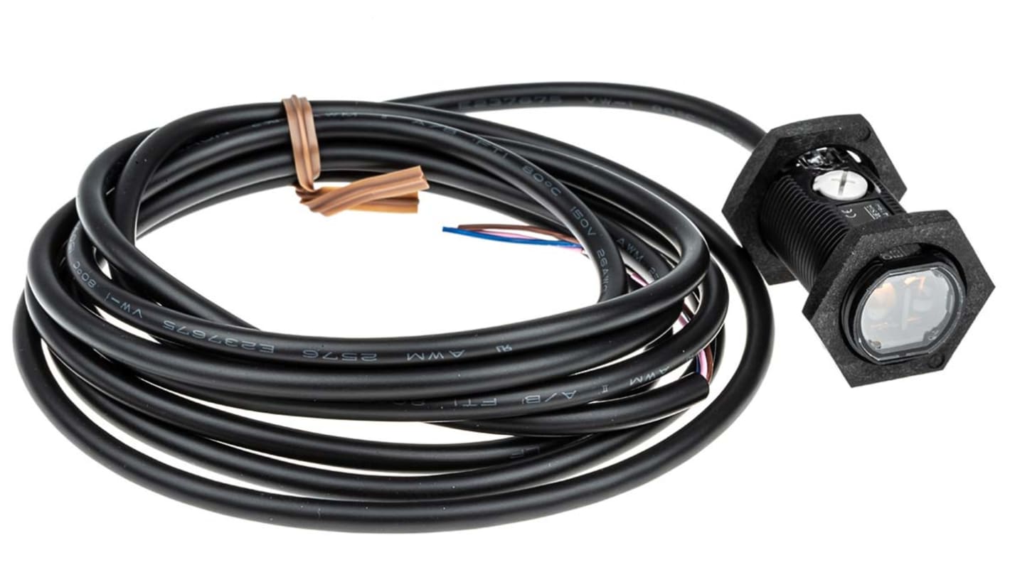 Omron E3FA-RN11 2M, sensore fotoelettrico cilindrico a retroriflessione, rilevamento 100 mm a 4 m, uscita NPN, IP67/IP69K.