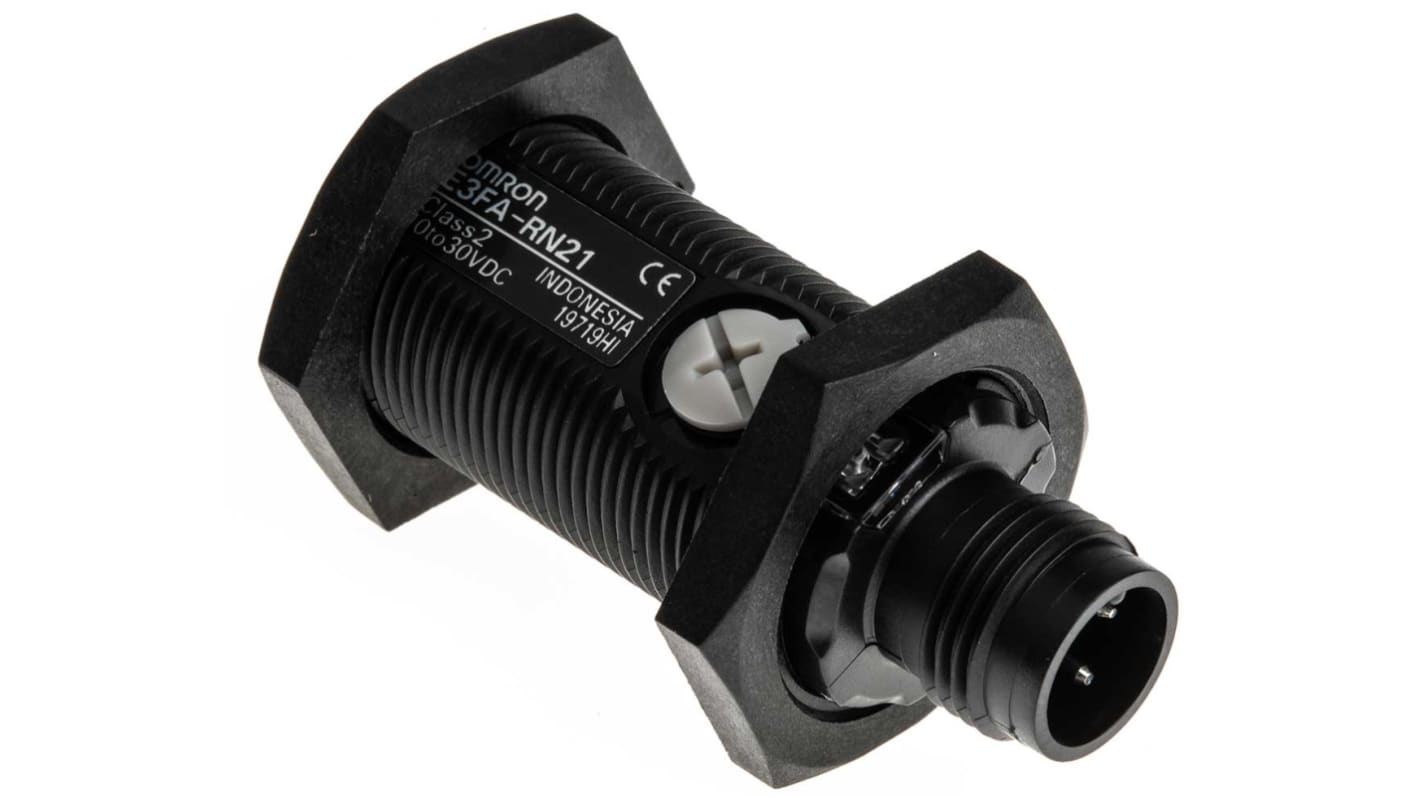 Sensore fotoelettrico cilindrico a retroriflessione Omron E3FA-RN21, rilevamento 100 mm a 4 m, uscita NPN, IP67/IP69K.
