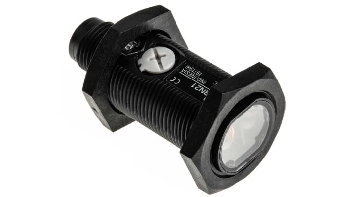 Sensore fotoelettrico cilindrico a retroriflessione Omron E3FA-RN21, rilevamento 100 mm a 4 m, uscita NPN, IP67/IP69K.
