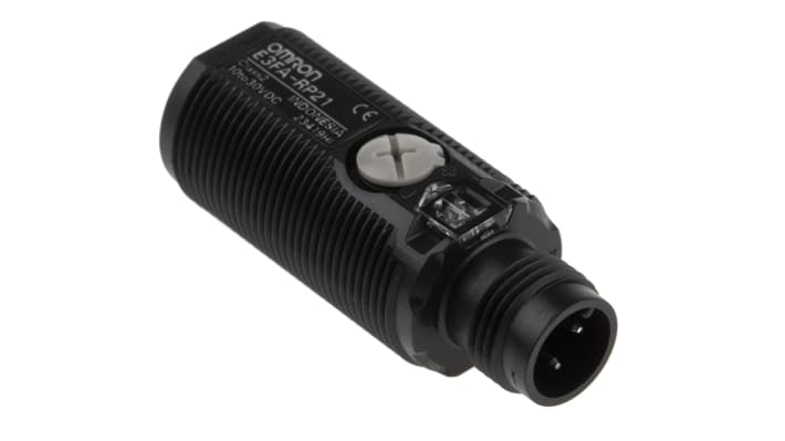Sensore fotoelettrico cilindrico a retroriflessione Omron E3FA-RP21, rilevamento 100 mm a 4 m, uscita PNP, IP67/IP69K.