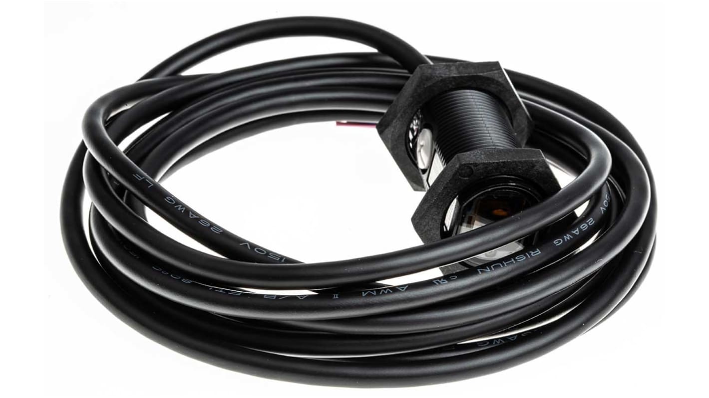 Omron E3FARN122M, sensore fotoelettrico cilindrico a retroriflessione, rilevamento fino a 500 mm, uscita NPN, IP67/IP69K.