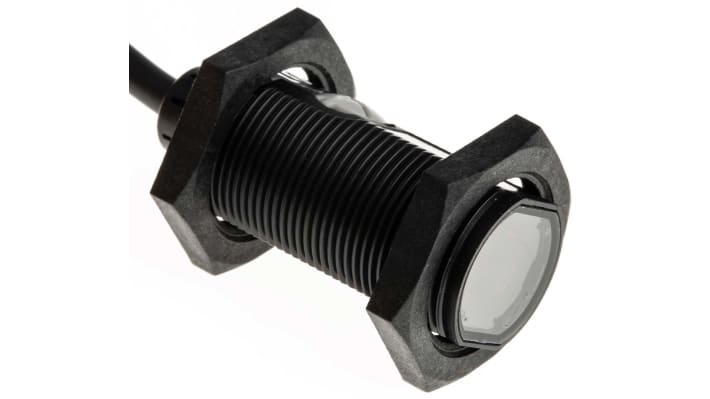 Sensore fotoelettrico cilindrico Omron E3FARP112M, rilevamento da 100 mm a 4 m, uscita PNP, grado di protezione IP67/IP69K.