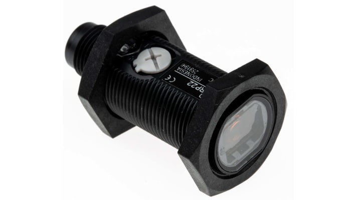 Sensore fotoelettrico cilindrico a retroriflessione Omron E3FARP22, rilevamento fino a 500 mm, uscita PNP, IP67/IP69K.