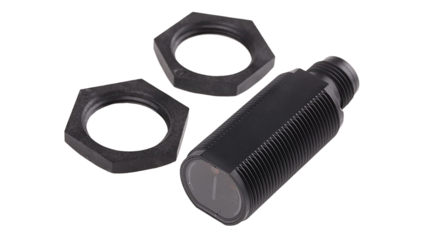 Omron E3FA-DN21, sensore fotoelettrico cilindrico a diffusione, rilevamento 100 mm, uscita NPN, grado di protezione IP67/IP69K.