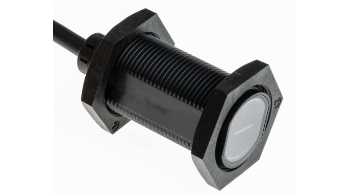 Sensore fotoelettrico cilindrico a diffusione Omron E3FADP112M, rilevamento 100 mm, uscita PNP, grado di protezione IP67/IP69K.