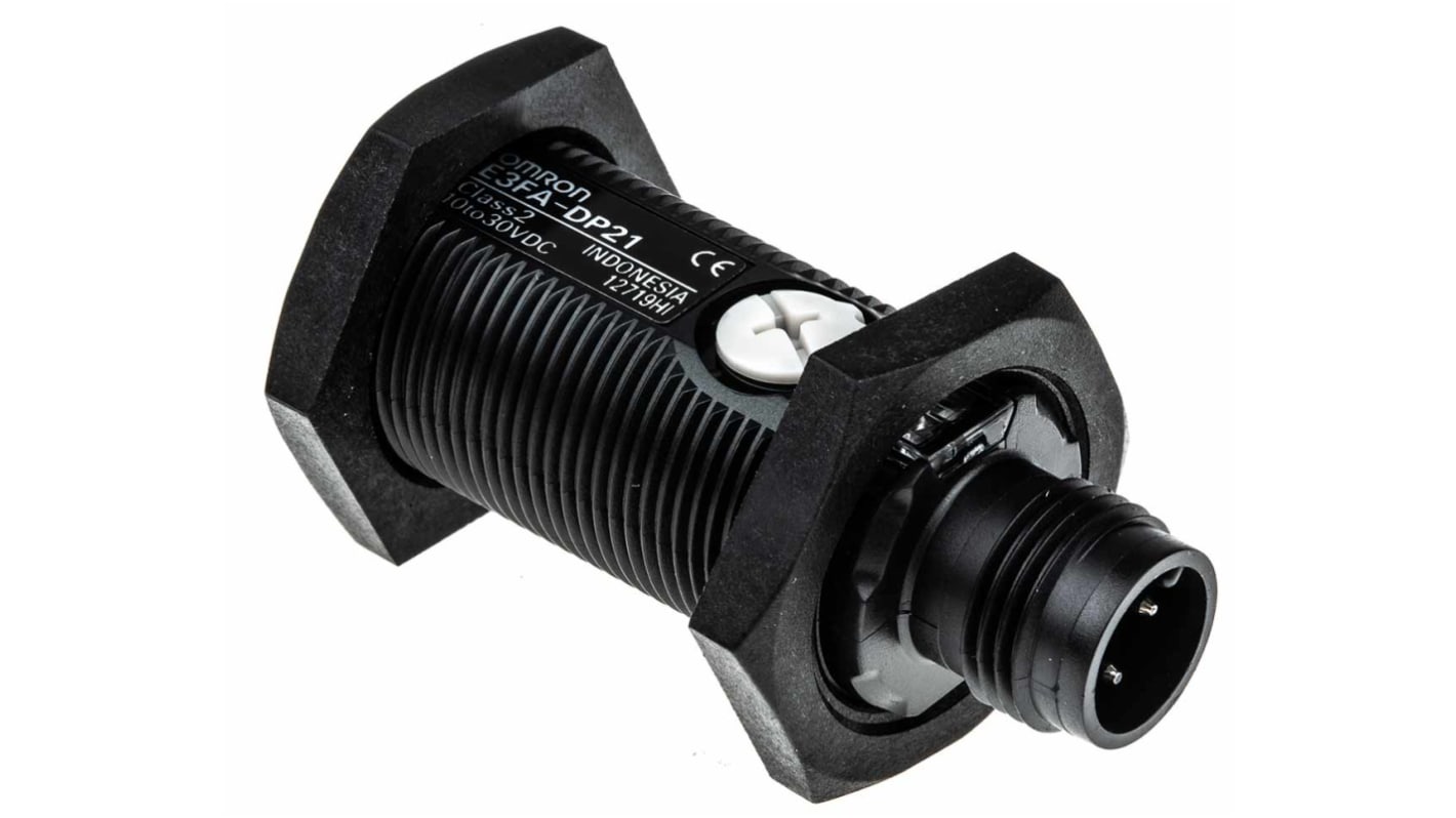 Sensore fotoelettrico cilindrico Omron E3FA-DP21, rilevamento 100 mm, uscita PNP, design compatto, grado di protezione IP67/IP69K.