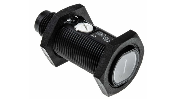 Sensore fotoelettrico cilindrico Omron E3FA-DP21, rilevamento 100 mm, uscita PNP, design compatto, grado di protezione IP67/IP69K.