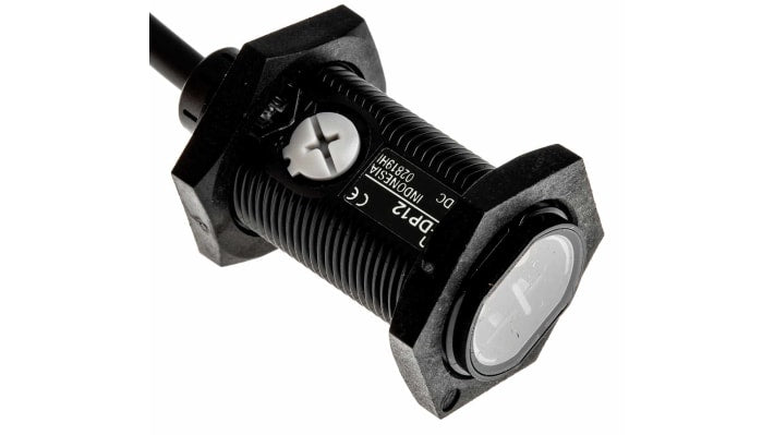 Sensore fotoelettrico cilindrico Omron E3FA-DP12 2M, rilevamento 300 mm, uscita PNP, grado di protezione IP67/IP69K.