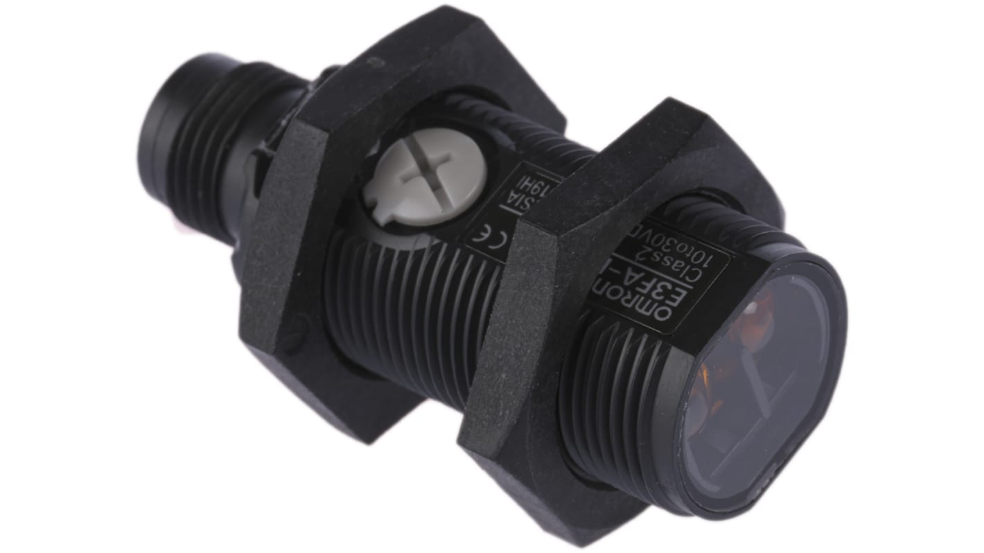 Sensore fotoelettrico cilindrico Omron E3FADP23, rilevamento fino a 1 m, uscita PNP, connettore M12 a 4 pin, IP67/IP69K.