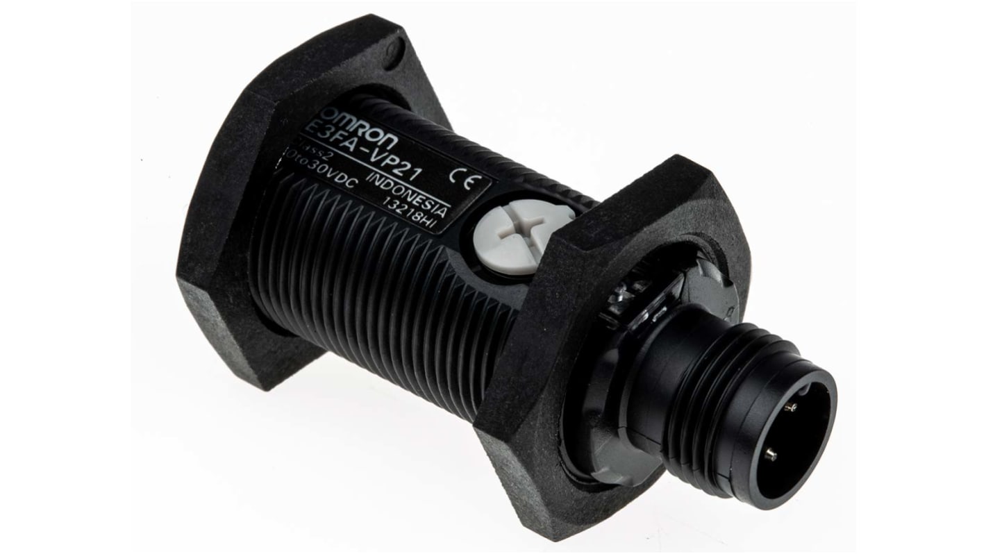 Sensore fotoelettrico cilindrico Omron E3FAVP21, rilevamento 10-50 mm, uscita PNP, connettore M12, grado di protezione IP67/IP69K.